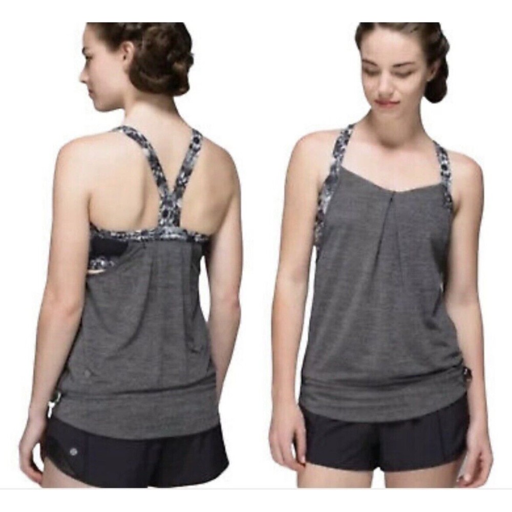 LULULEMON REST LESS Tank Top‎ in Gray FLOWABUNGA Size 8 black floral flowers